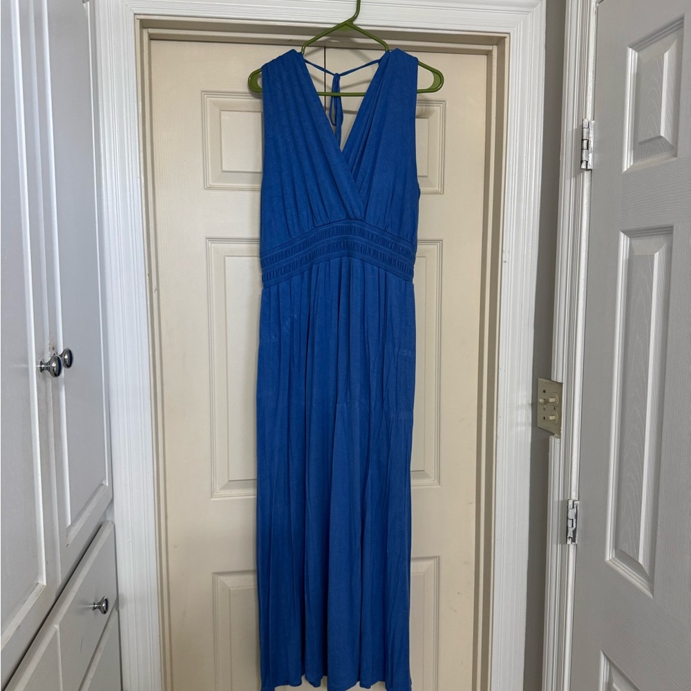 Gibson Latimer Blue Ruched Maxi Dress V-Neck